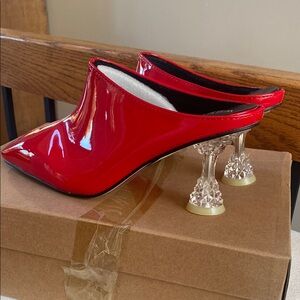 Red Patent Leather Mules clear acrylic heels size 6.5-7 EU 37 pointed toe